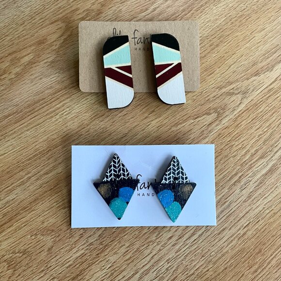 x2 Abstract Triangle and Tribal Wooden Modern Mountain Earrings Lightweight - Picture 2 of 9